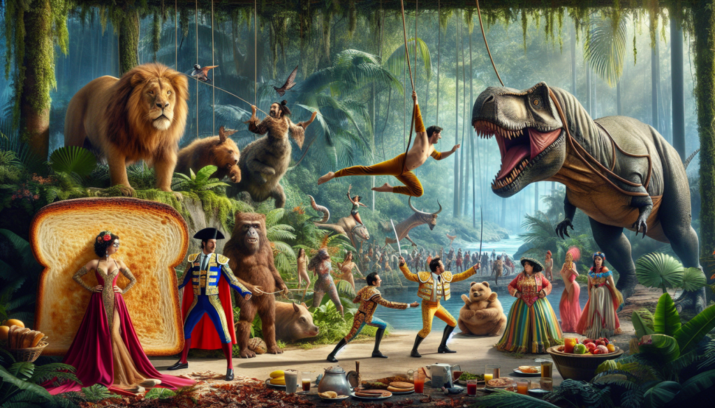 Déguisement en T - Groupe varié en costumes : Tarzan, Toréador, Tyrannosaure, Funambule, Toast.